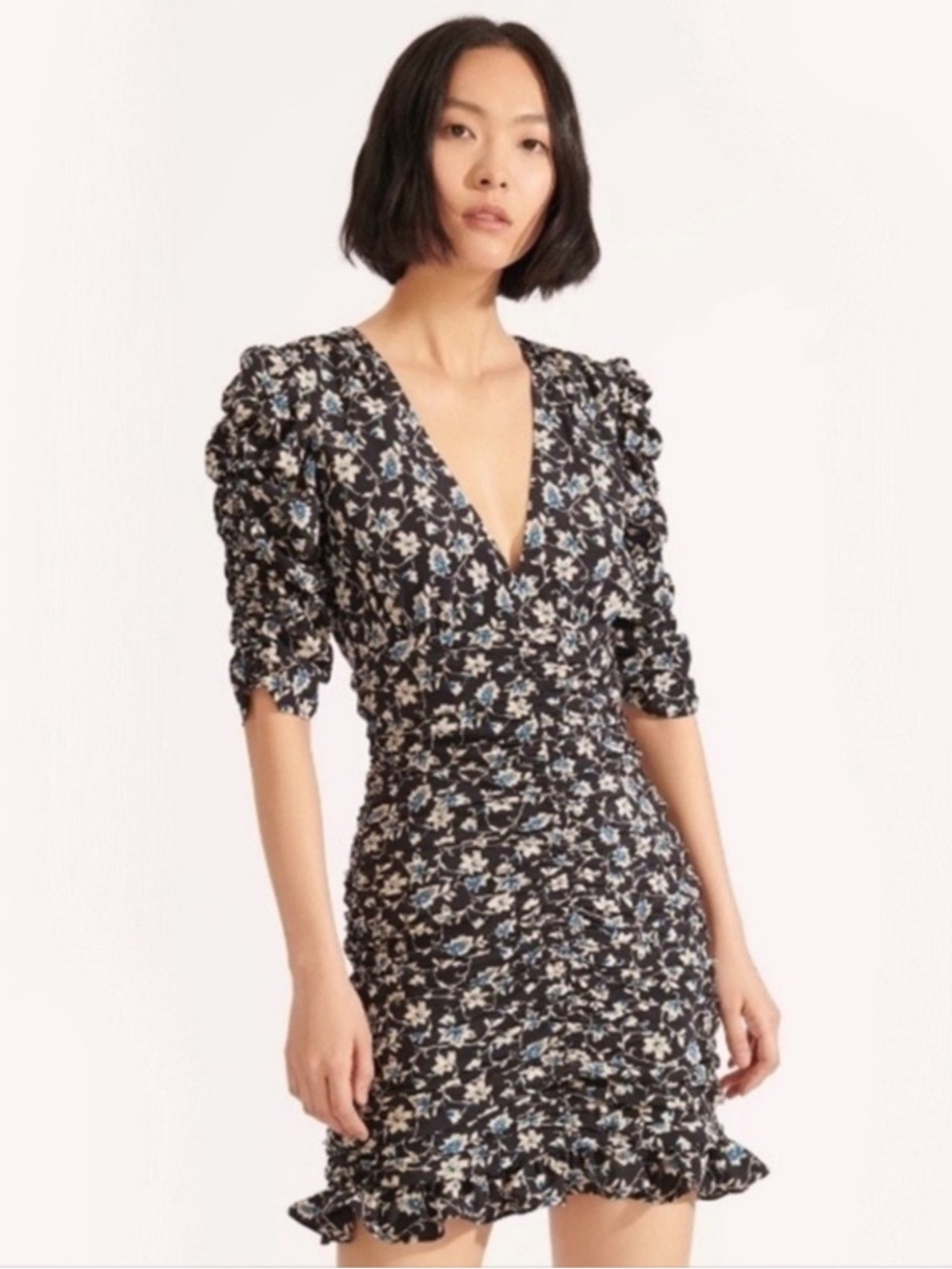 Veronica Beard Josephine Black Floral V-Neck Ruched Mini Dress EUC